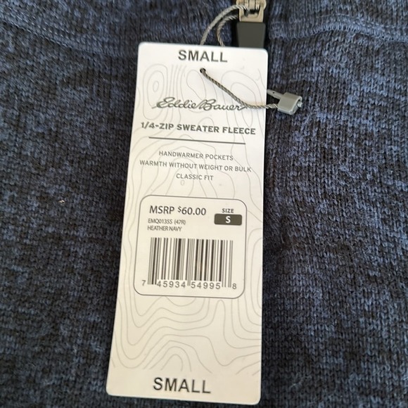 Eddie Bauer 1/4 zip sweater fleece, pockets, heather navy, Size Small, NWT - Picture 6 of 8